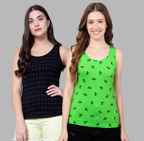 DIAZ Women's Cotton Multicolor Tank top|Women's Cotton Rich Printed Tank Top|Women's Regular Fit Tank Top Pack of 2
