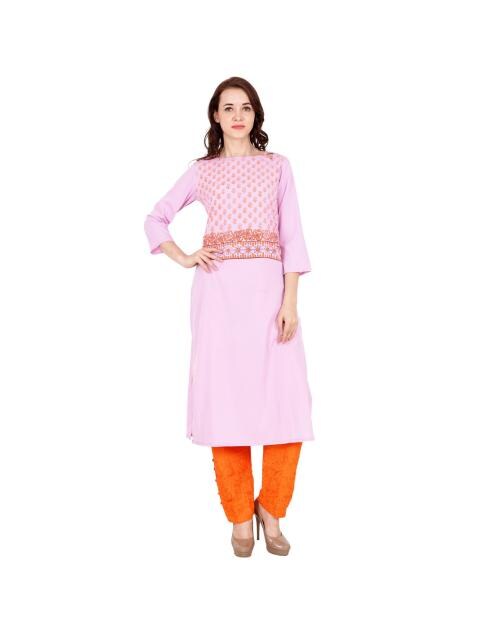 Fabster Block Printed Three Quarter Pink Straight Crepe Kurti