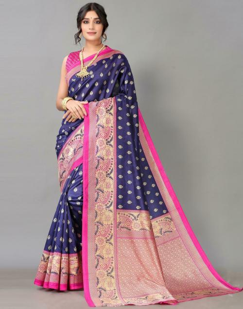 Samah Women Dark Blue, Beige Cotton Silk Printed Saree