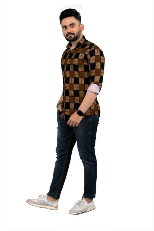Clinch Fashion Men Brown Checkered Cotton Lycra Casual Shirts (Brown )(S)