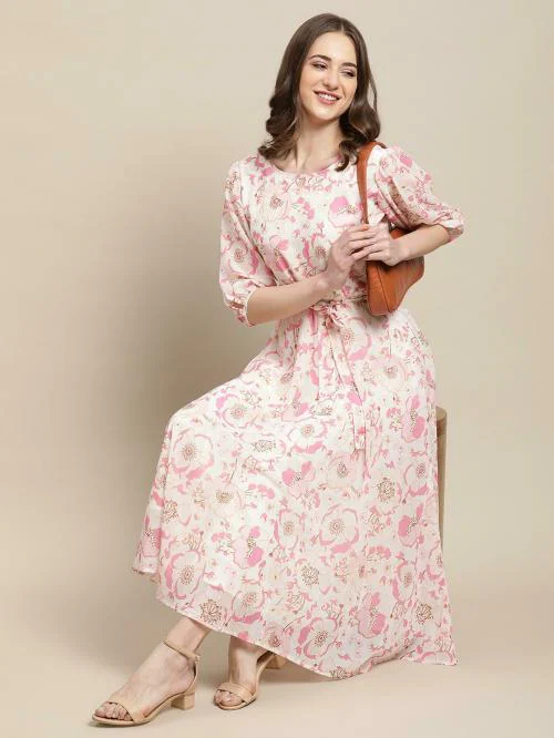 Fabflee Women's Off White Printed Chiffon A - Line Maxi DressDress| Dresses| Women Dress| Maxi Dress| One Piece| Women's Maxi Dress | Gown