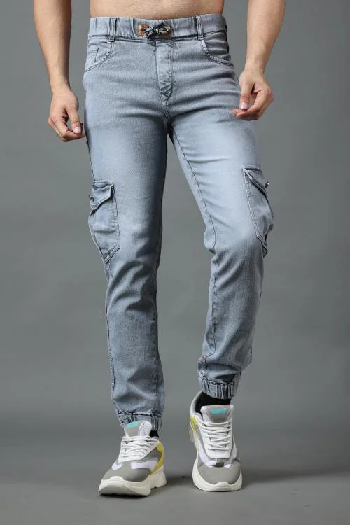 Vaireet Men's Denim Blend Slim Fit Multi Pocket Grey Cargo Jogger