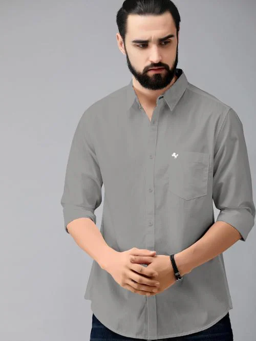 IKG DENIM Men Solid Pure Cotton Casual Shirt Grey Shirt Light Grey L