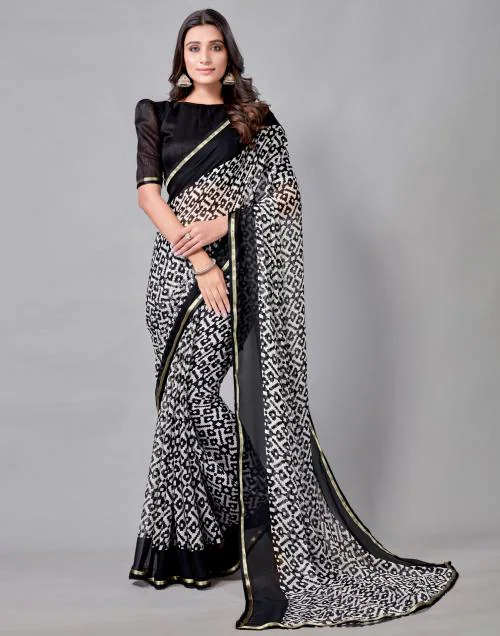 Siril Women White & Black Printed, Geometric Print, Embellished, Floral Print Chiffon Saree | sarees for Women| saree | sarees