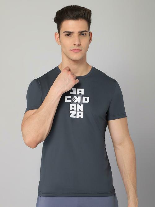 JACKDANZA Men Grey Graphic Polyester Round Tshirts (XL)