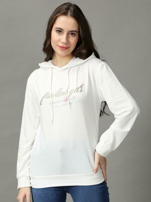 SHOW OFF Women's White Solid Cotton Hooded Sweatshirt