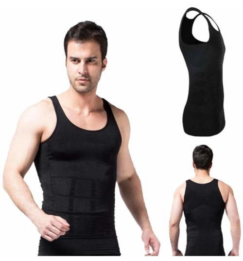 FITOLYM Men's Cotton Black Slim N Lift Slimming Shirt Body Shaper Tummy Tucker Vest Shape