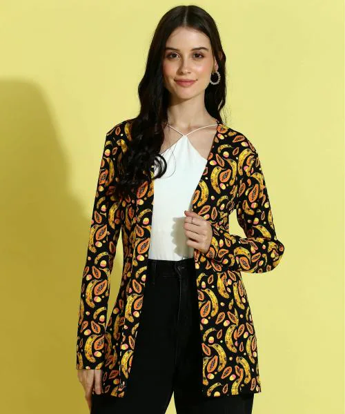 Popwings Women Casual Black & Yellow Fruit Printed Open Long Shrug | Trendy Shrug | Stylish Shrug | New Design Shrug