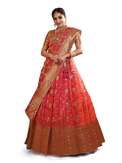 HALFSAREE STUDIO Women Red Embellished Banarasi Silk Semi-Stitched Lehenga with Unstitched Blouse and Dupatta