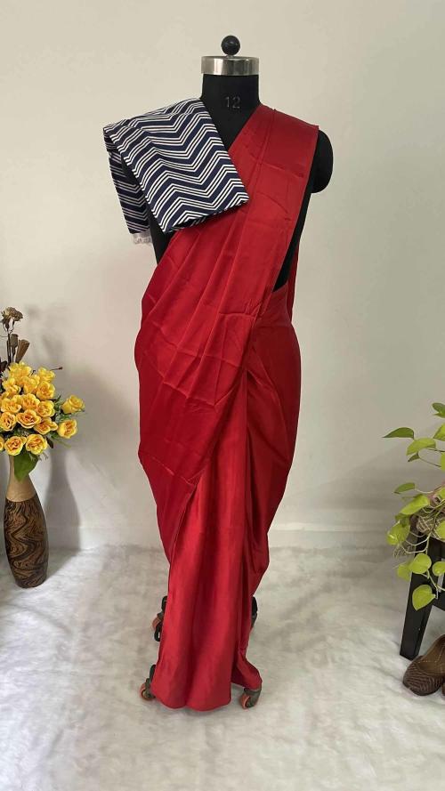 MBL Women Red Solid Satin Party Daily Wear Saree with Unstitched Blouse Piece