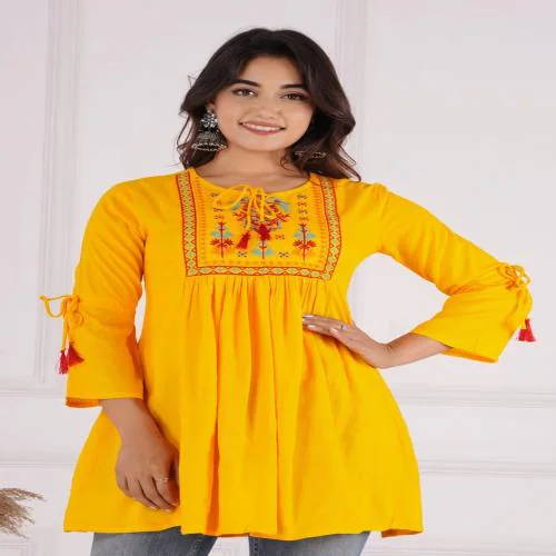 KARVIKA Women's Rayon Casual Wear Printed Short Kurti/Tunic/Top for Girls (Yellow)