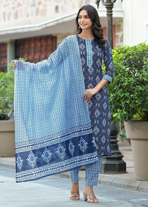 Keitra Women Blue Printed Viscose Rayon Kurta Pant And Dupatta Set| Kurta Set Women