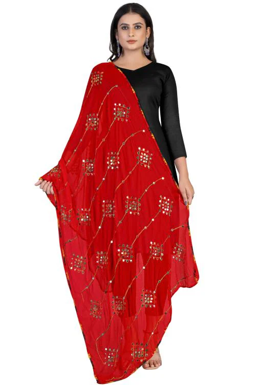 Kemza Women's Embroidered Mirror Chiffon Dupatta (Red) with Banjara Work
