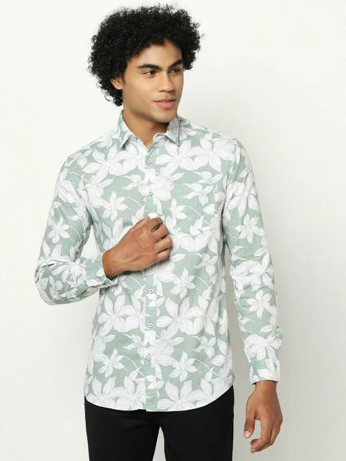 Blue Buddha Men Light Olive Printed Cotton Regular Fit Shirt (M)