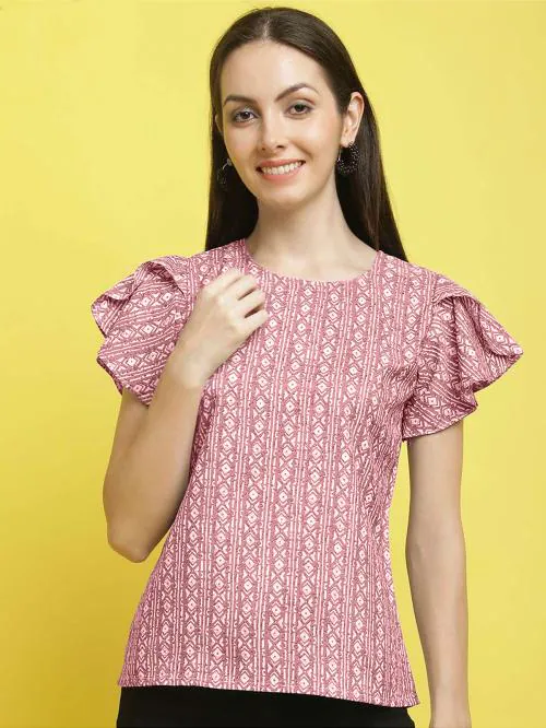 Fabflee Party Flared Sleeves Printed Women Pink Top | Women Tops | Crepe Top | Tops For Women