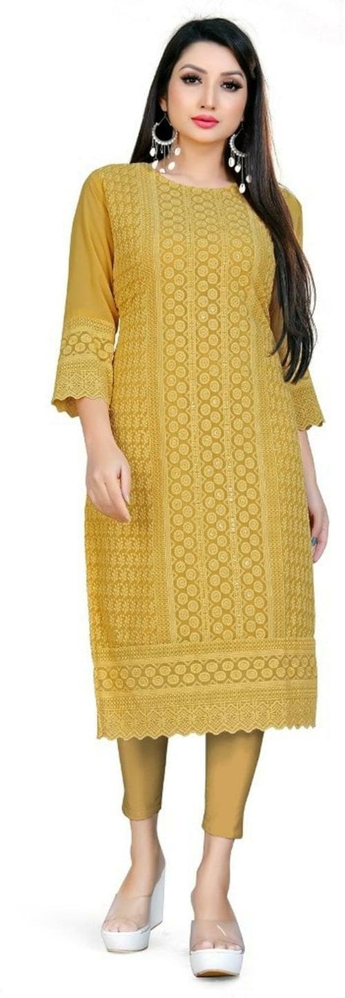Buy EYELLA Women Mustard Chikan Embroidery Straight Kurta