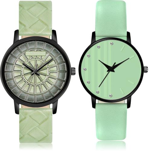 NEUTRON Contemporary Casual Geometric Texture And Embossed Designer Dial Green Colour Analog Genuine Leather Belt 2 Watch Combo For Women And Girls - GM506-GM321