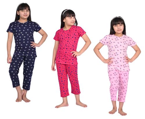 KAYU Girls Cotton Printed Nightsuits Tshirts and Capris Set (Pack of 3)