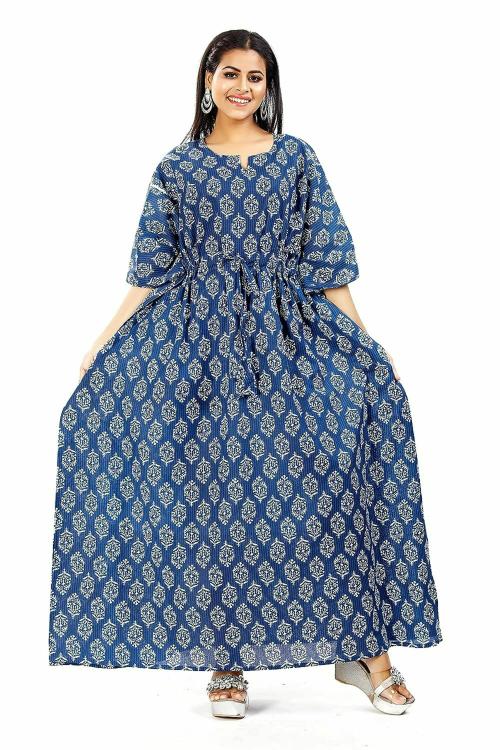 MODI FACTORY Jaipur Export Quality,Women's Cotton Kaftan Plus Size Maxi Caftan Gown Handmade Jaipur Block Print Sleepwear One Piece Long Dress Jaipur Indigo Buti.Size Adjustable m to XXXL,Free Size,
