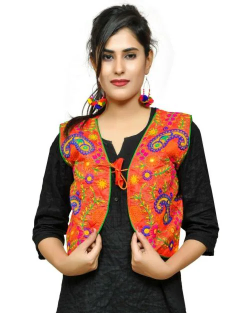 BANJARA INDIA Women Red Embroidered Dupion Silk Ethnic Jacket