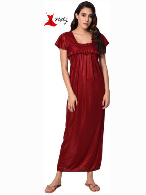 Noty Women's- Nighty/Maxi/Gown/Nightdress/Nightwear- Satin Fabric- Frills (Misty Maroon, Free Size)
