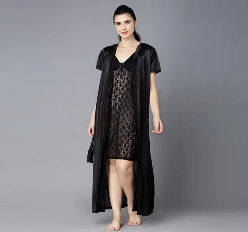 Kjri Women 2 Piece Nighties with Set of Nighty & Gown satin M BLACK - A1