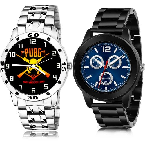NIKOLA Modern Model Pubg Military Army Chain Watch And Black Chain Silver And Black Colour Analog Stainless Steel Belt 2 Watch Combo For Boys And Men - B640-(71-S-20)