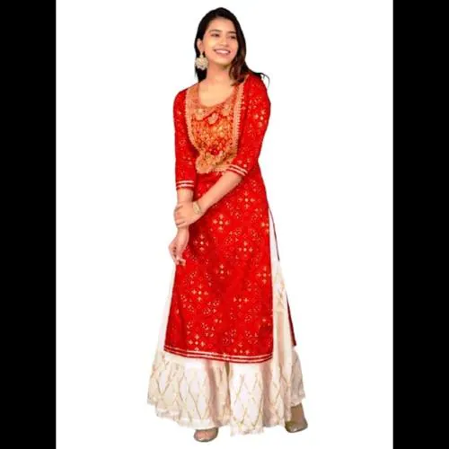Rangoli Creations Women's Rayon Red Full Body Embroidered Bandhani Print Kurti White Gotta Work Sharara Set,Size- (M)