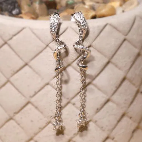 DEESSA 925 Sterling Silver Spiral Drop Earrings with White Cubic Zirconia - Rhodium Plated, Elegant Gift for Women | Birthdays, Anniversaries, Valentine's Day | with Authenticity Certificate