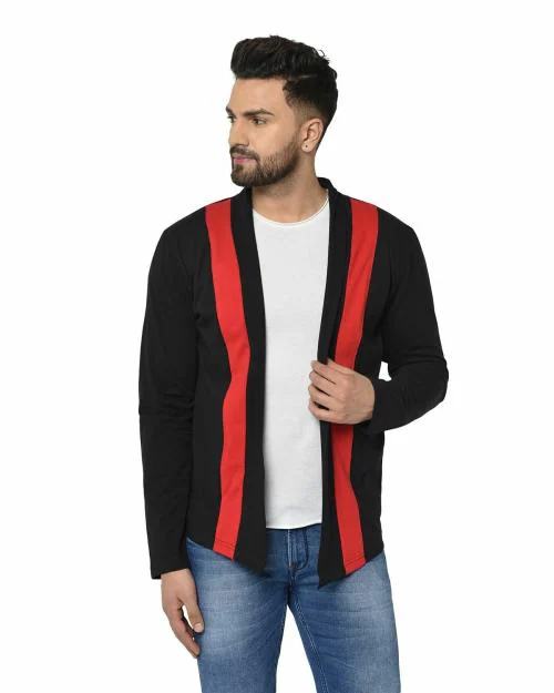 GLITO Striped Black & Red Full Sleeves Shawl Collar Cardigan For Men's
