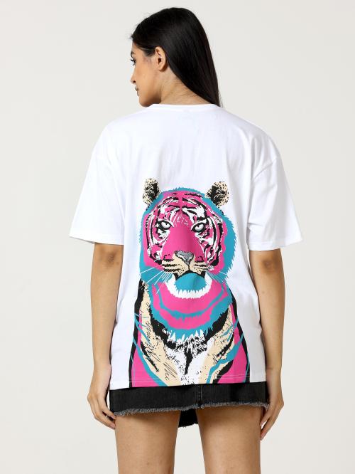 White Love Alba Back tiger Printed Oversized T-shirt for women
