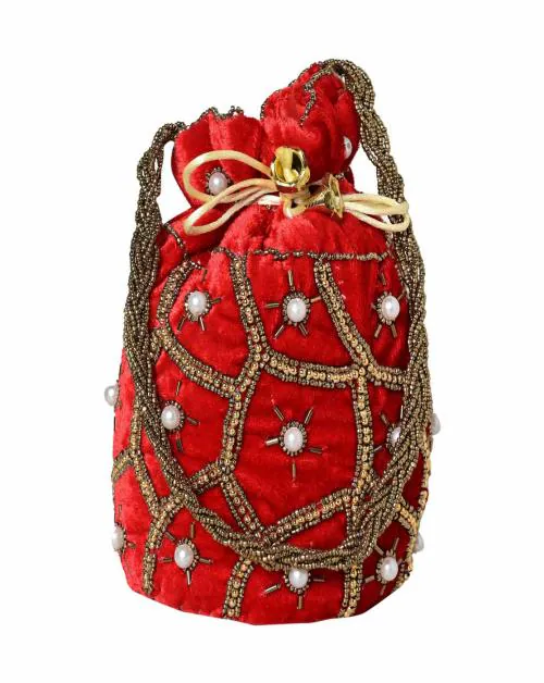 SWASTIKA Potli bag Matka Designer handbags for Women wedding party and Return gift potli bags for party accessories .Outer Golden Embroidered Design
