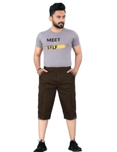 USIGO Men's Cargo Cotton Zipper 5 With Side Pocket Capri For Men-Brown