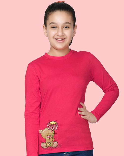 Nusyl Girls Hot Pink Teddy Bear Printed Full Sleeve T-shirt