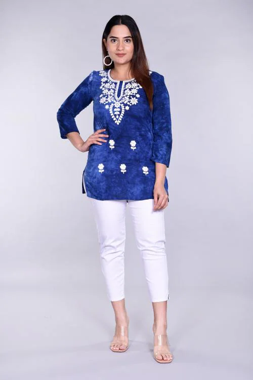 13-Star Rayon Tie & Dye Short Kurti Embroidered Jaipuri Kurta