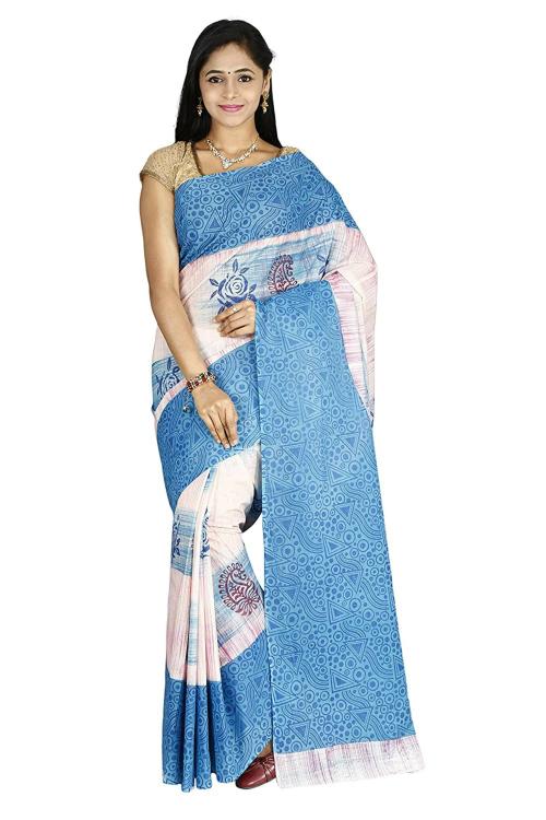 Fashionkiosks Women Blue Marble Print Saree With Blouse Piece