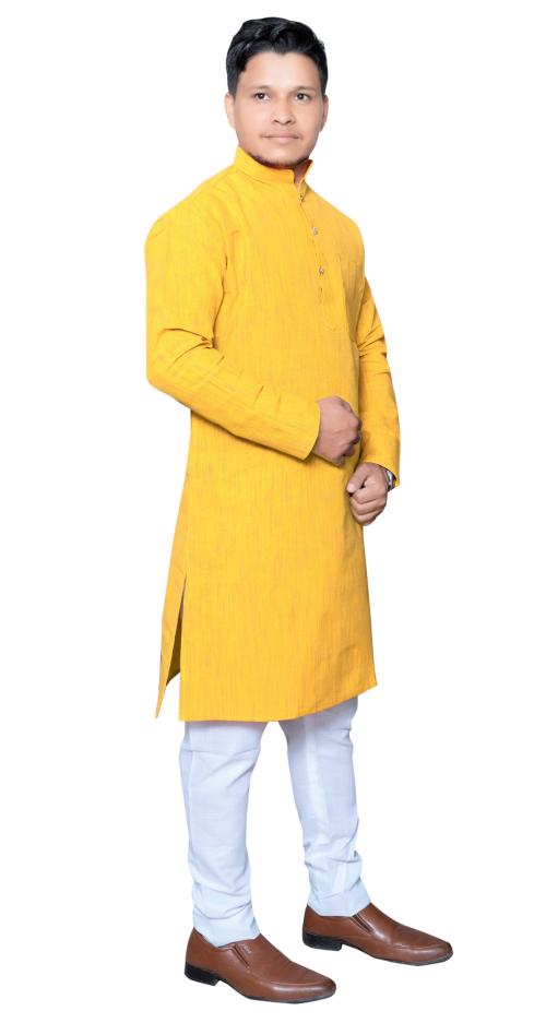 Men Cotton Khadi Yellow Kurta Pajama Set-XXL