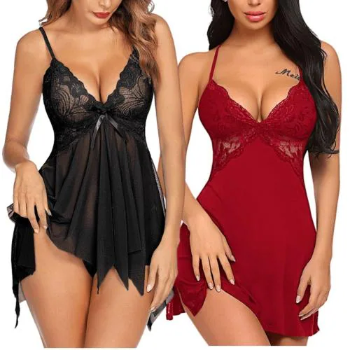 Arnoni Sexy Nighty for Honeymoon Sex, Babydoll Lingerie Set for Women Polyester Baby Doll Night Dress Sexy Lingerie for Women ak Combo (Black and Red)