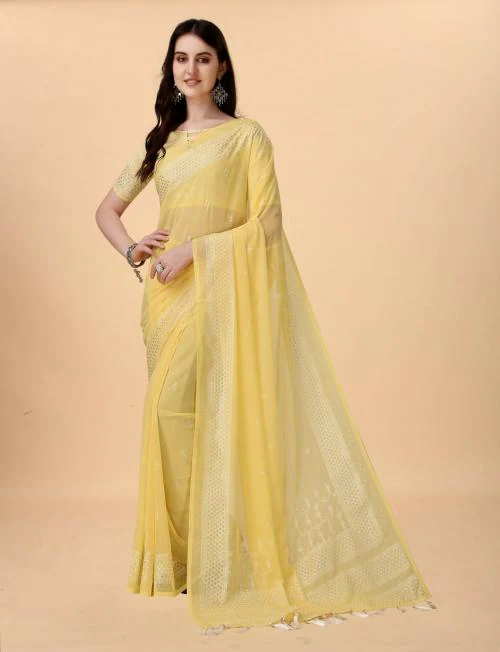 SWIFFIN Fast Selling Art Silk Banarasi Yellow Saree For Women/Women Saree With Unstitched Blouse-ANUPAMA02-YELLOW