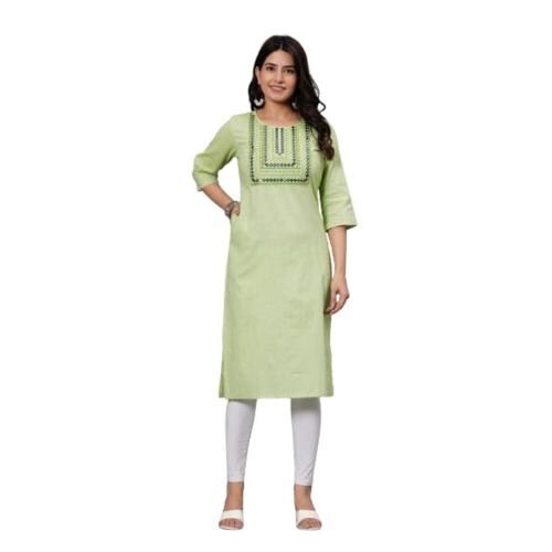 reed n peek Women's Embroidered Cotton Kurti, Green