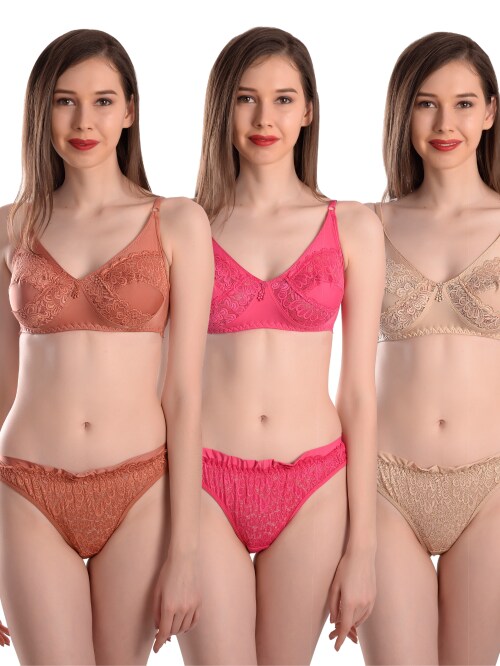 RACOS Women's Spandex Elastane Lycra Net Design | Bridal Bra Panty Set | Non Padded Wire Free Lingerie Set Combo Combo Pack of 3 in Pink Skin Red Color