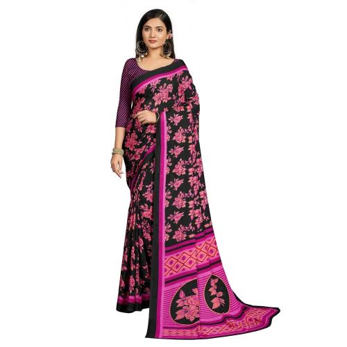 Grubstaker Black Pure Georgette Printed Saree With Blouse Piece