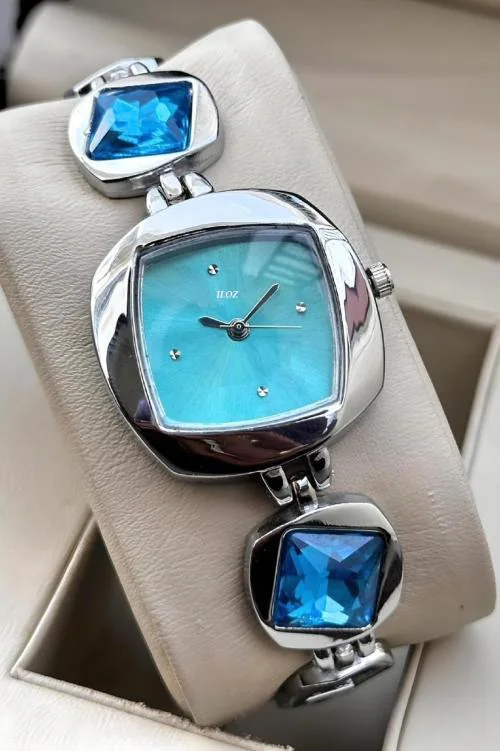 ILOZ Luxury New Elegant Look silver blue Classique Square Design Women Watches Ladies Crystal Bracelet Belt Watch Female Analog Wrist watches for Girls