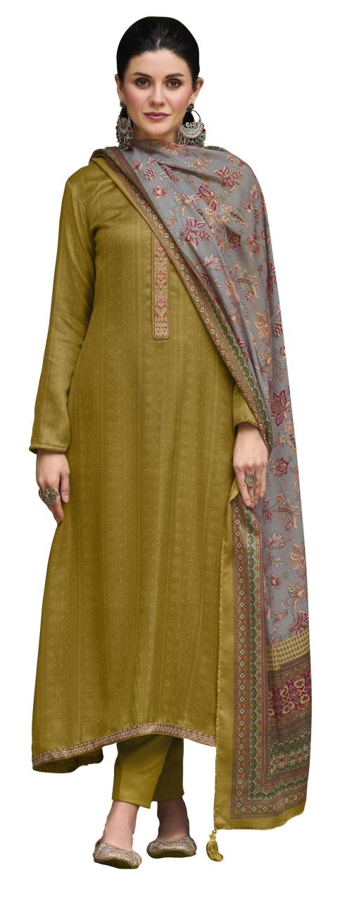 DRAVINAM Trends Women's Pure Pashmina Woolen Unstitched embroidered Salwar suit dress Material with Digital Printed Pashmina Wool Shawl Dupatta | Unstitched Dress Material For Women | Free Size (Yellow)