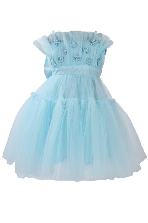 Modish Girls Partywear fit and flared Net and Cotton Dress in Sky blue color in knee length sleeveless design with beautiful flowers.