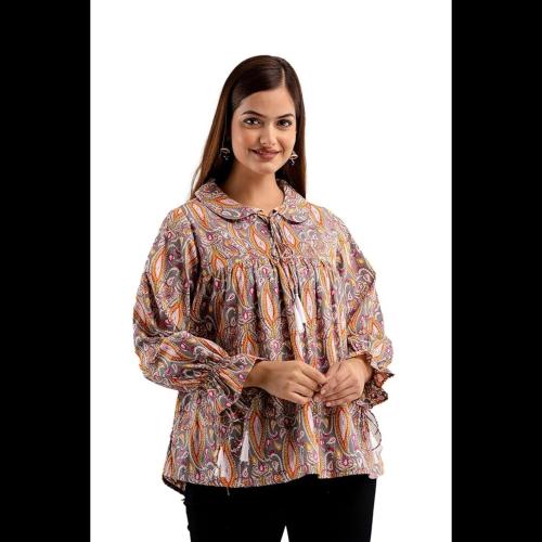 DMP FASHION Women's Cotton Floral Printed Classic Small Boota Collarad Fashion Sleeve Top