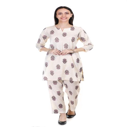 Be Dressed Trendy Printed Women's Cotton Co-ord Set| Cream Color|Women 's multi size | Traditional wear | stylish dress| casual dress | party wear