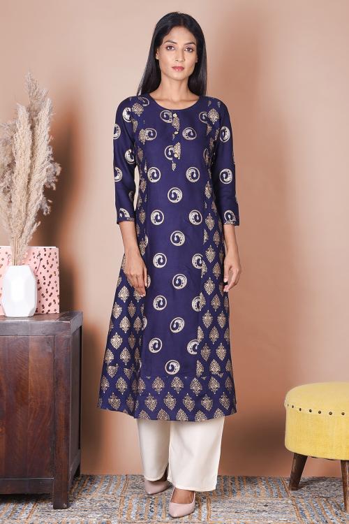 Indiwest Navy Blue And Gold printed A-Line Rayon Kurta