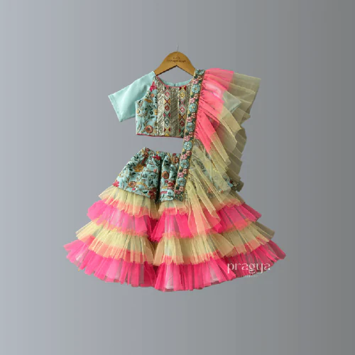 PRAGYA EXCLUSIVE Blue Net fall Ghagra For Girls Party Wear Dress