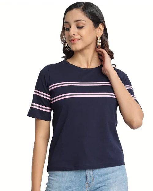 Buy JUNEBERRY Women Navy Blue & Pink Striped Pure Cotton Round Neck T ...